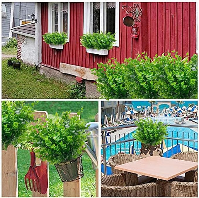 20 Bundles Artificial Greenery Plants for Outdoors Spring Decor, UV Resistant Fake Plants Faux Eucalyptus Plastic Shrubs Boxwood Fake Flowers Gardens Home Patio Outsides Summer Decor(Green)