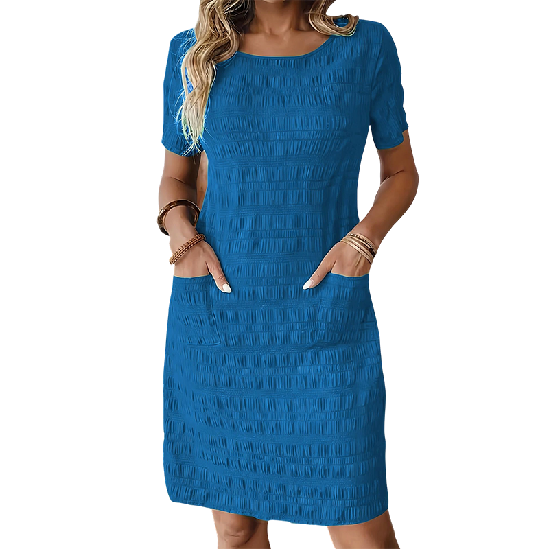 Textured Round-Neck Shift Dress with Front Pockets
