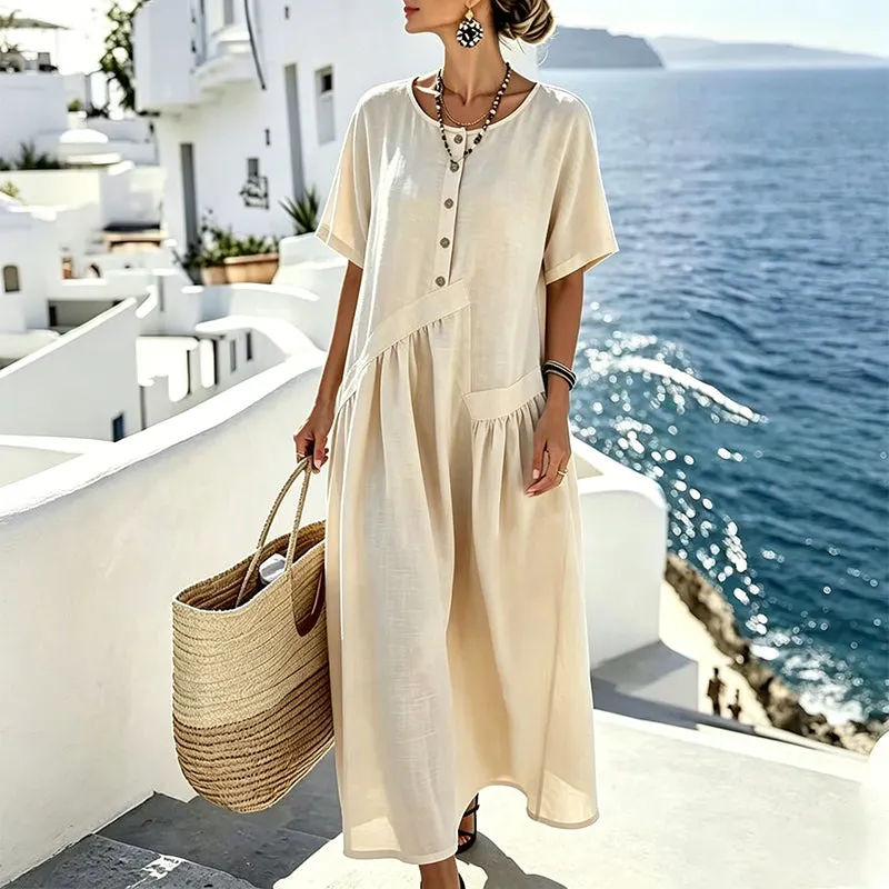 Relaxed Button-Detail Maxi Dress with Pockets | Helloviena