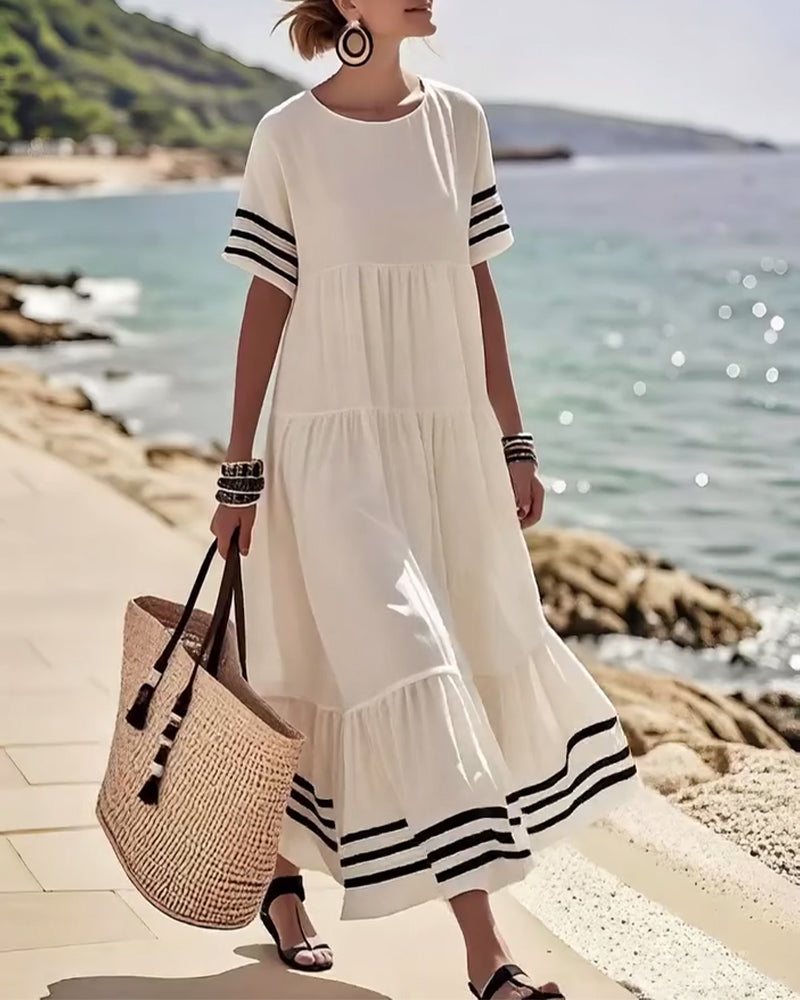 70% OFF | Color-Block Short-Sleeve Vacation Midi Dress