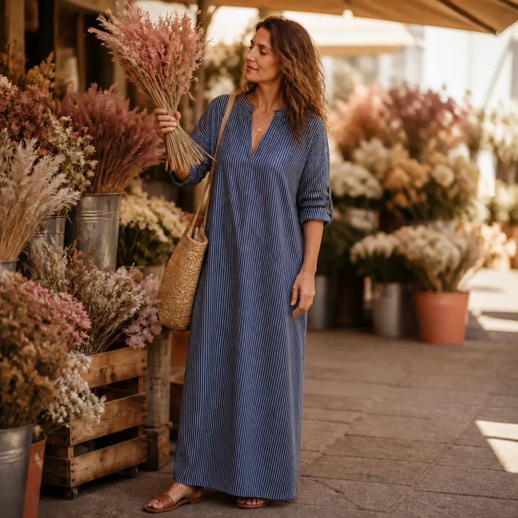 50% OFF | Vestara Boho Striped V-Neck Maxi Dress with Pockets