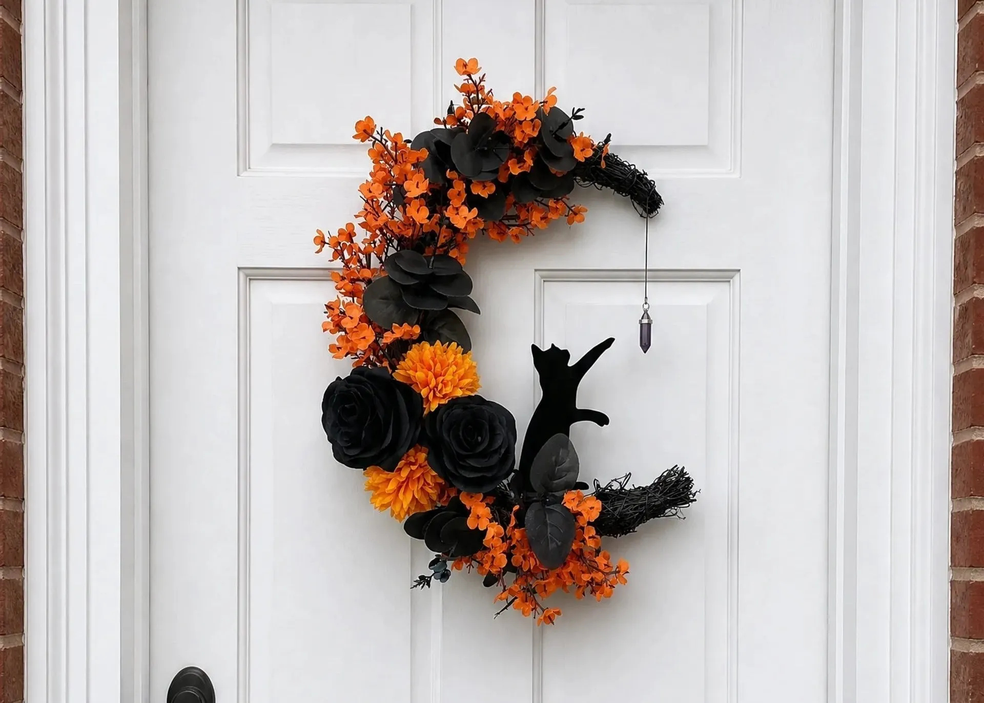 Black Cat Halloween Wreath with Gothic Floral Design