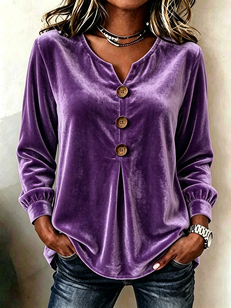 Velvet V-Neck Pleated Button-Front Long-Sleeve Top