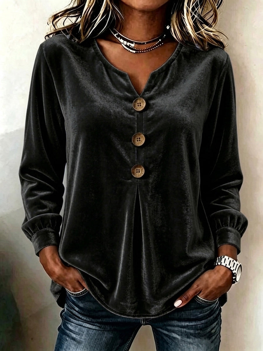 Velvet V-Neck Pleated Button-Front Long-Sleeve Top