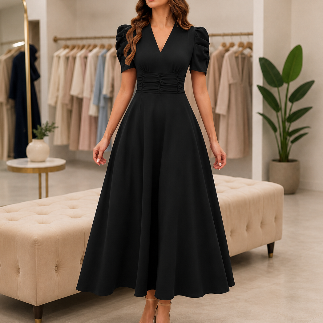Ruched-Waist V-Neck Midi Dress with Puff Sleeves