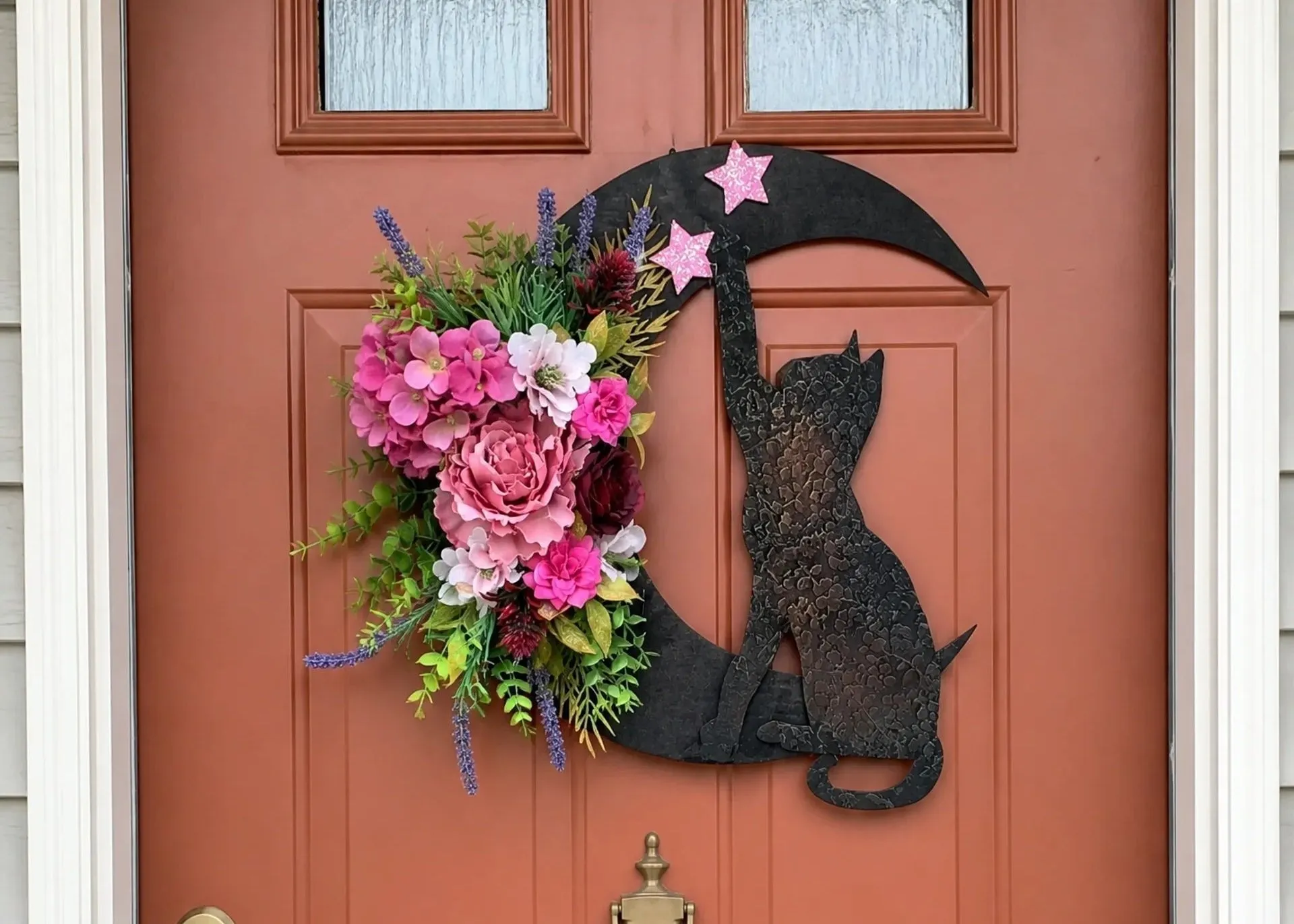 Black Cat Halloween Wreath with Gothic Floral Design