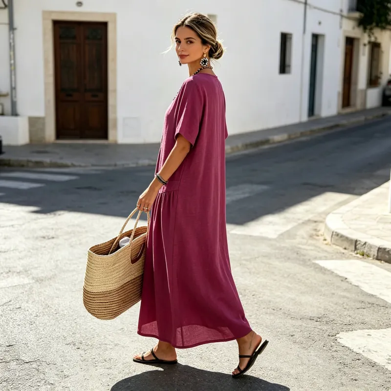 Relaxed Button-Detail Maxi Dress with Side Pockets