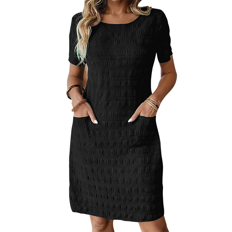 Textured Round-Neck Shift Dress with Front Pockets