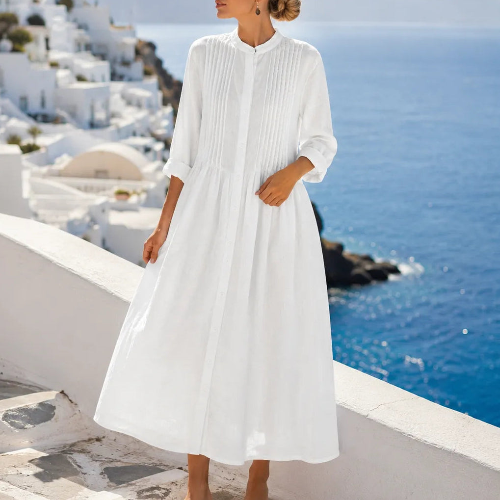 Flowy Pintuck Midi Shirt Dress with 3/4 Sleeves