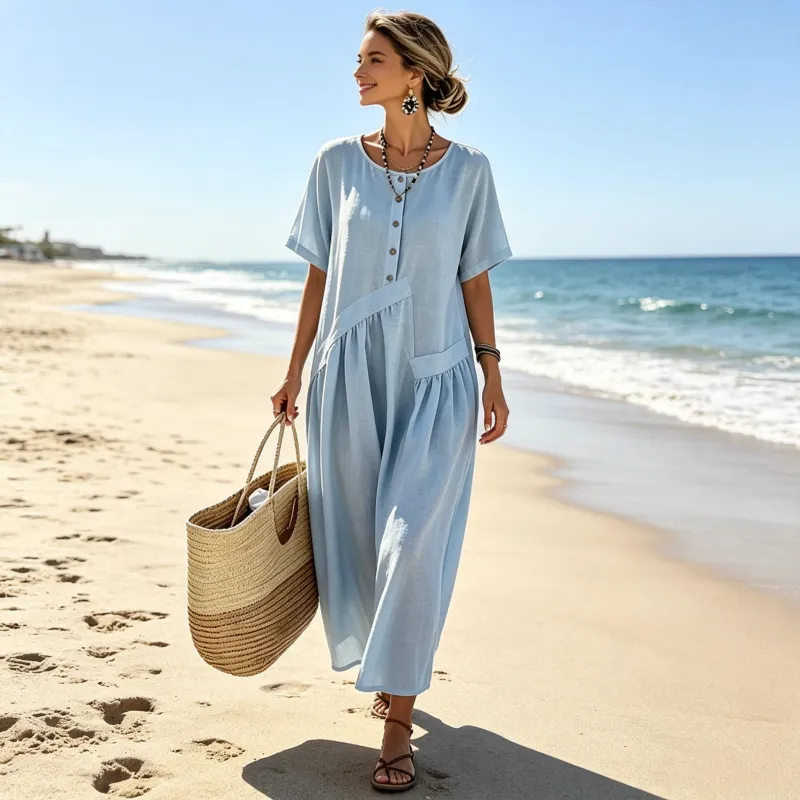 Relaxed Button-Detail Maxi Dress with Side Pockets