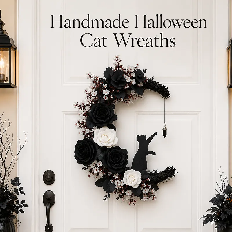 Black Cat Halloween Wreath with Gothic Floral Design
