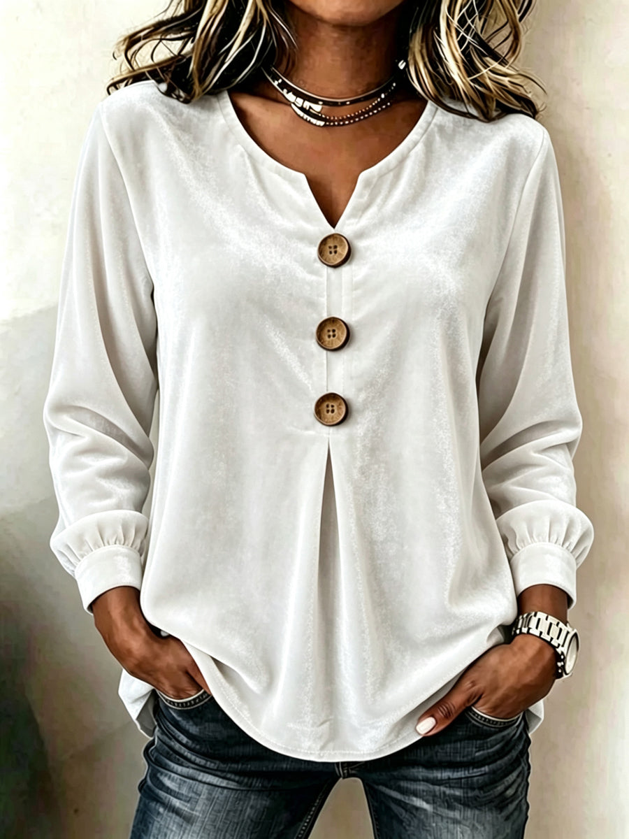 Velvet V-Neck Pleated Button-Front Long-Sleeve Top