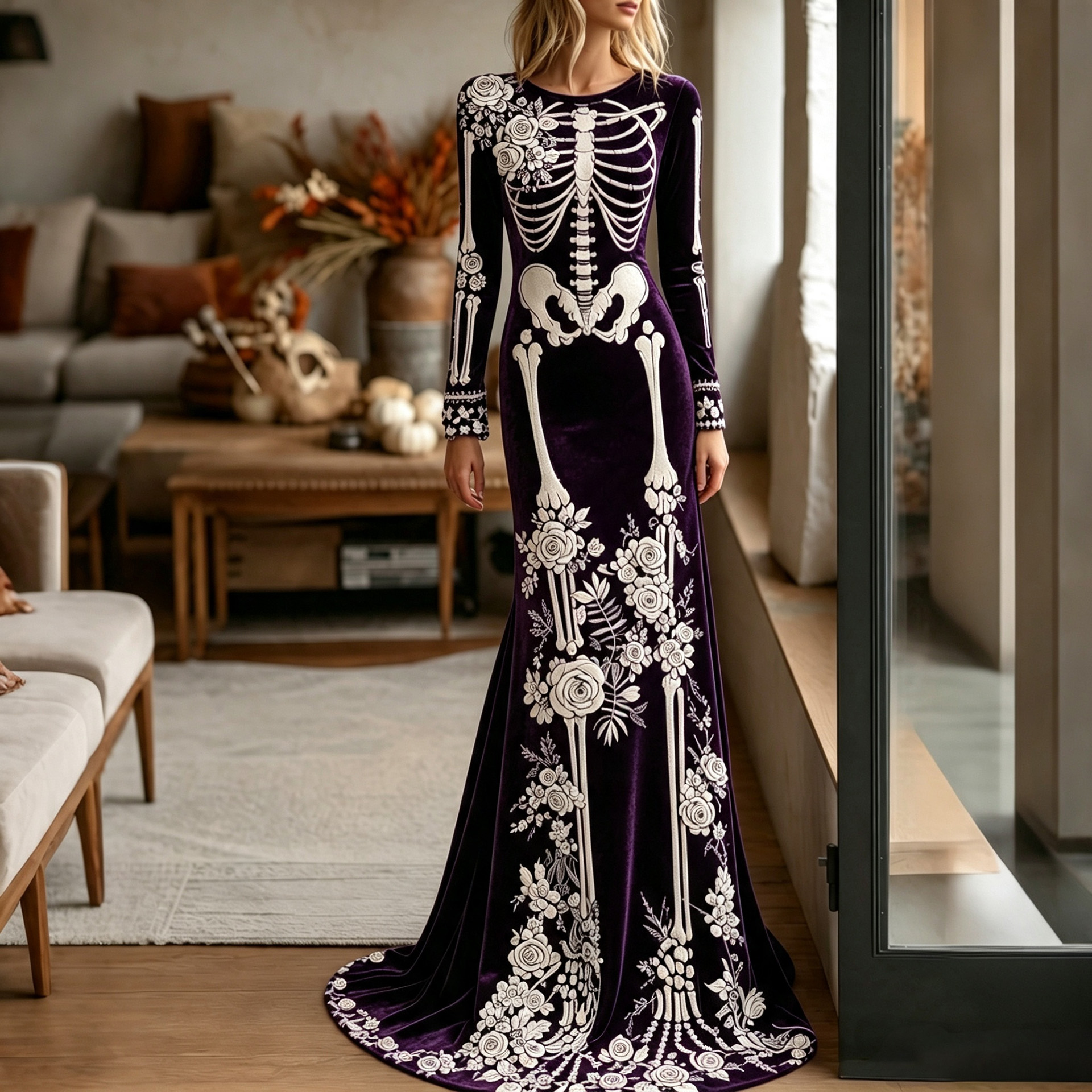 Women's Halloween Dark Gothic Rose Skeleton Maxi Dress