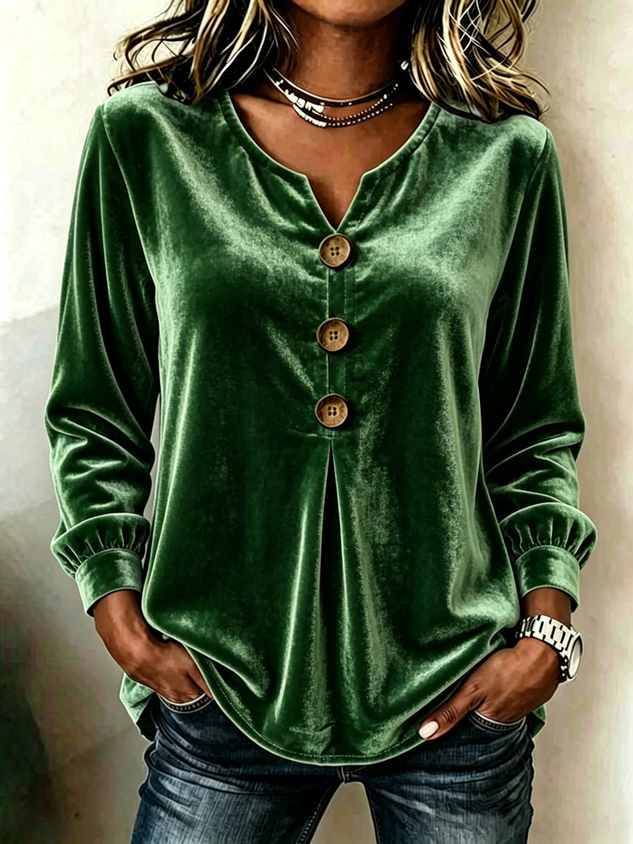 Velvet V-Neck Pleated Button-Front Long-Sleeve Top