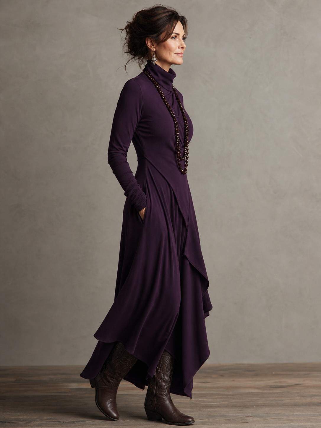 Asymmetrical Draped Turtleneck Maxi Dress