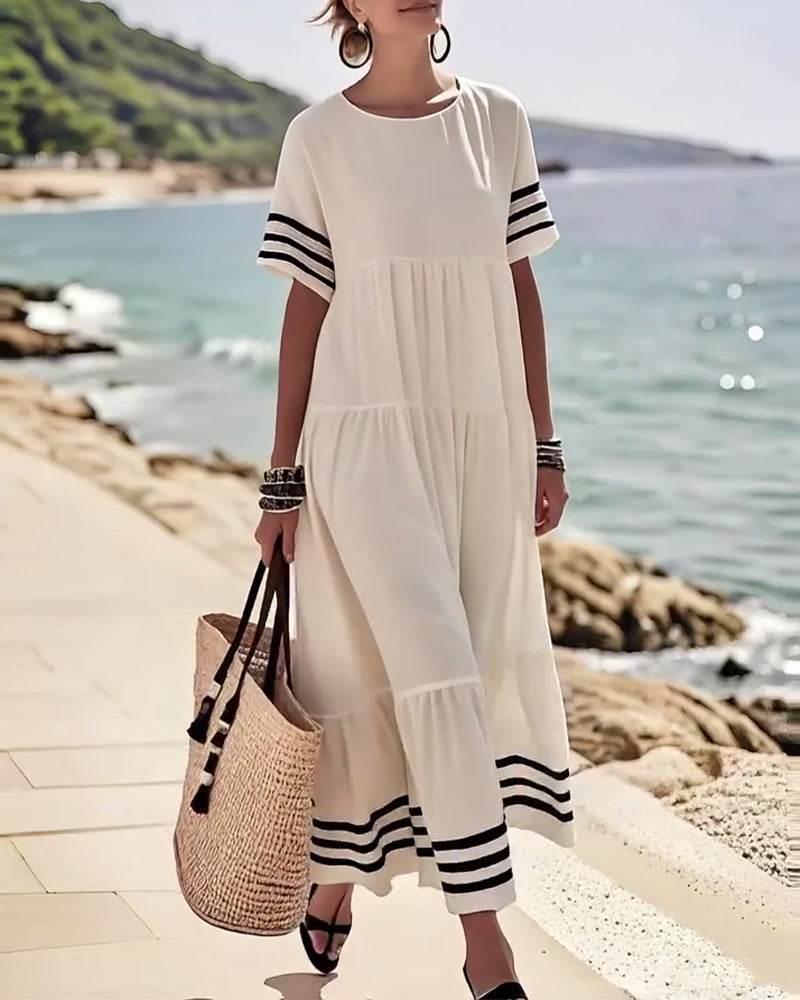 70% OFF | Color-Block Short-Sleeve Vacation Midi Dress