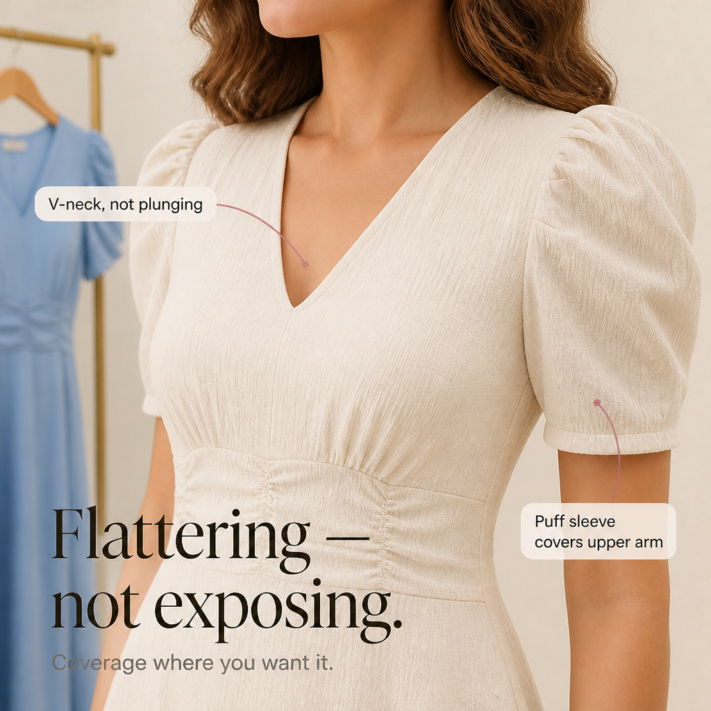 Ruched-Waist V-Neck Midi Dress with Puff Sleeves