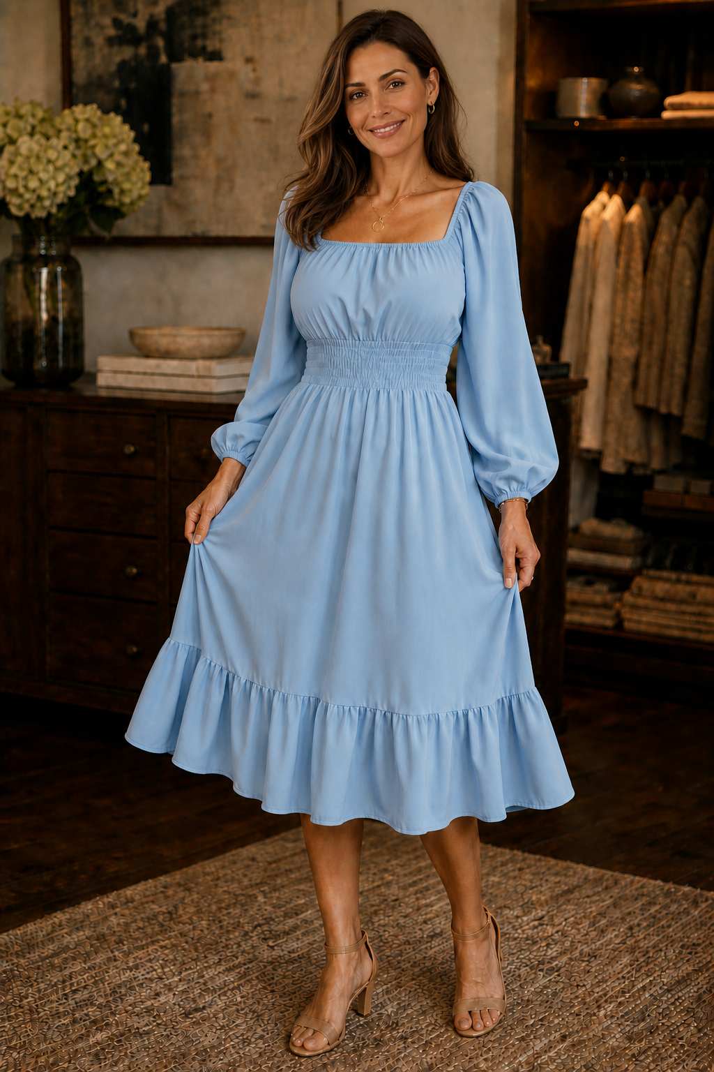 Smocked Square-Neck Midi Dress with Ruffle Hem