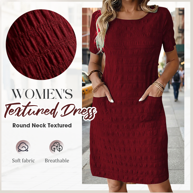 Textured Round-Neck Shift Dress with Front Pockets