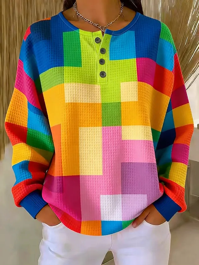 Women's Geometric Print Button-Up Casual Waffle Knit Sweatshirt