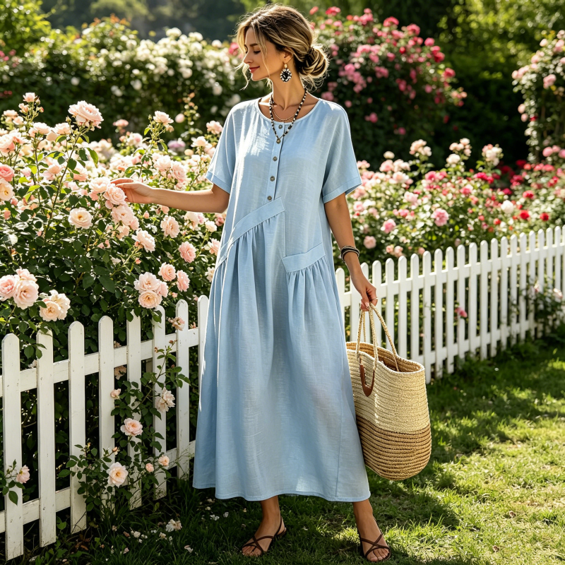 Relaxed Button-Detail Maxi Dress with Side Pockets
