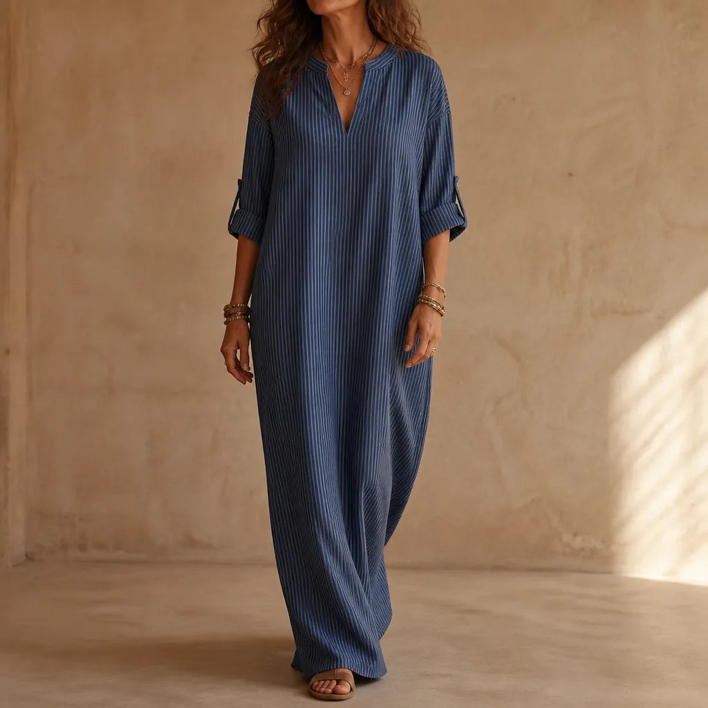 50% OFF | Vestara Boho Striped V-Neck Maxi Dress with Pockets
