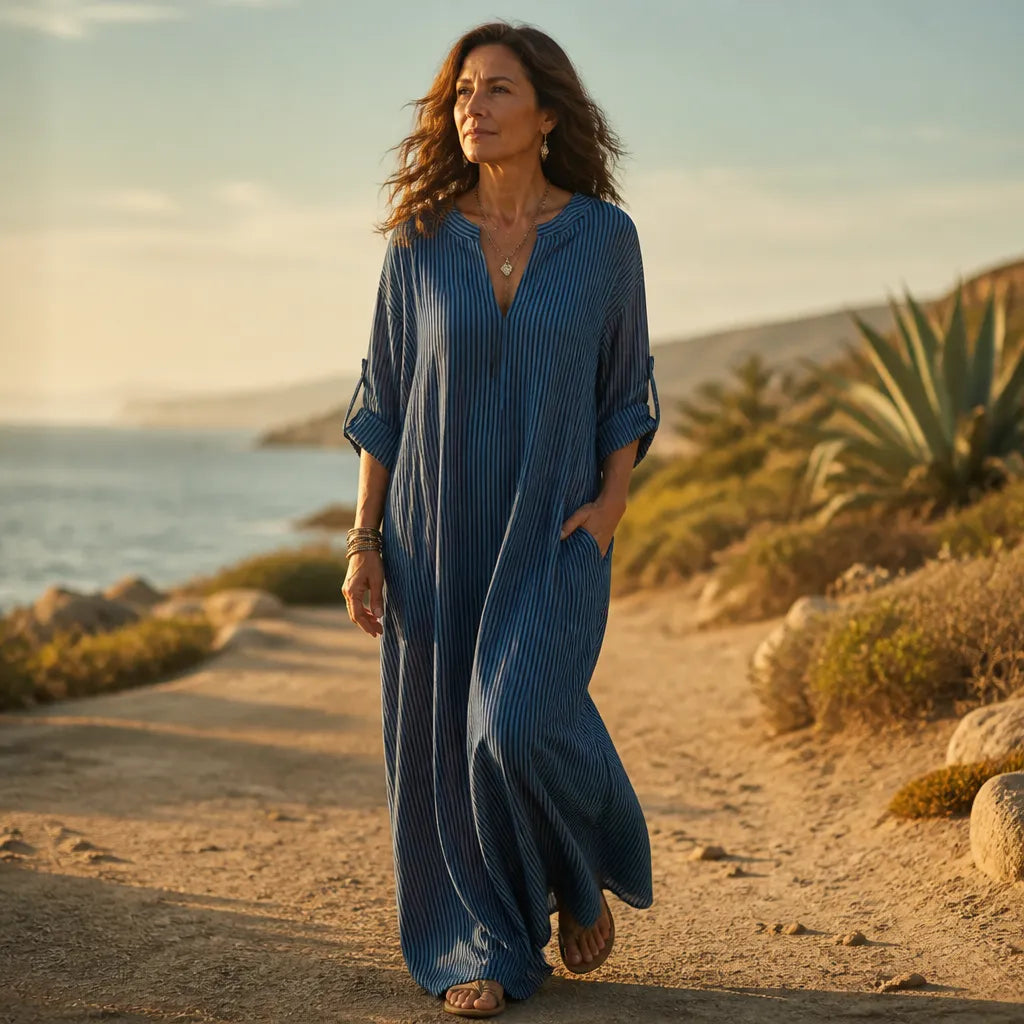 50% OFF | Vestara Boho Striped V-Neck Maxi Dress with Pockets