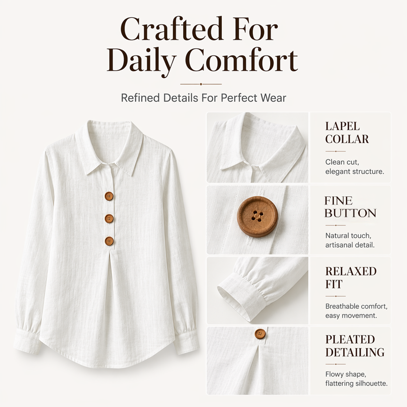 Women’s Relaxed Lapel-Collar Three-Button Long-Sleeve Blouse