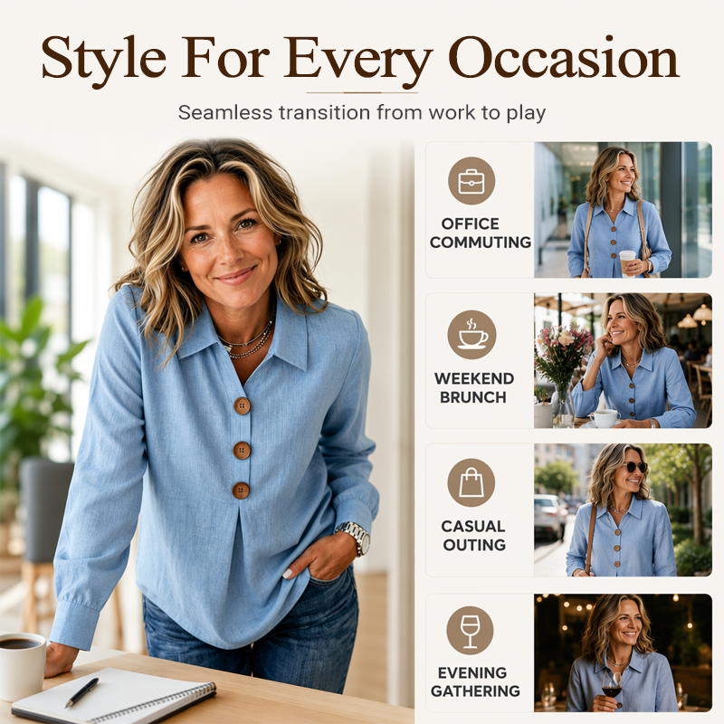 Women’s Relaxed Lapel-Collar Three-Button Long-Sleeve Blouse