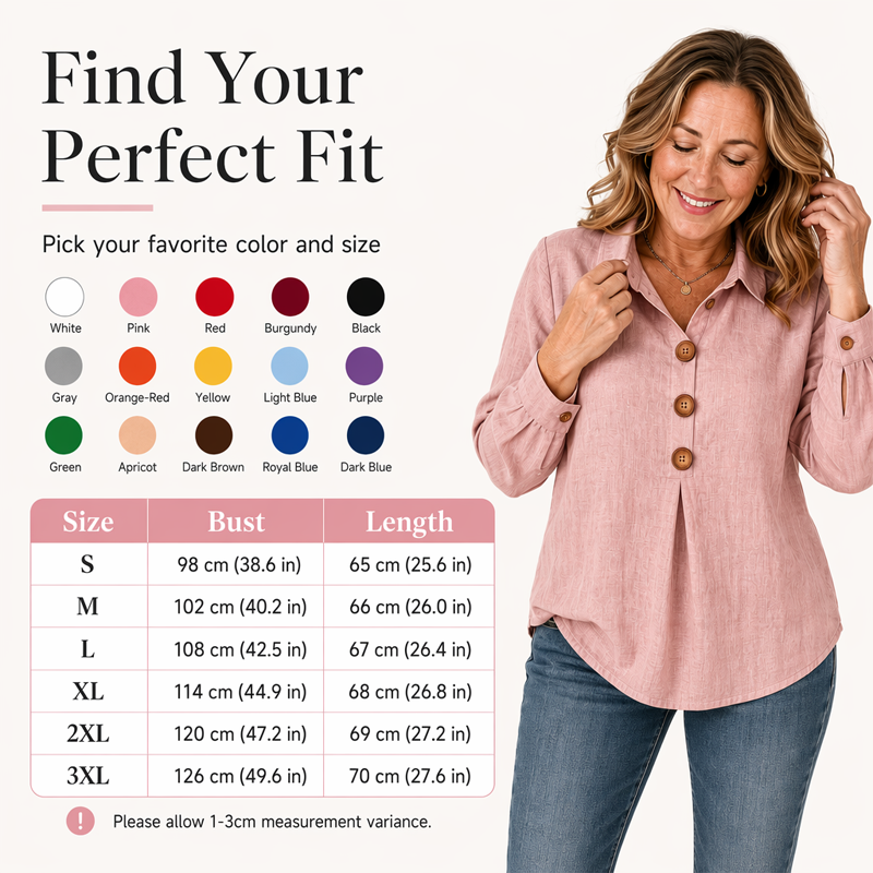 Women’s Relaxed Lapel-Collar Three-Button Long-Sleeve Blouse