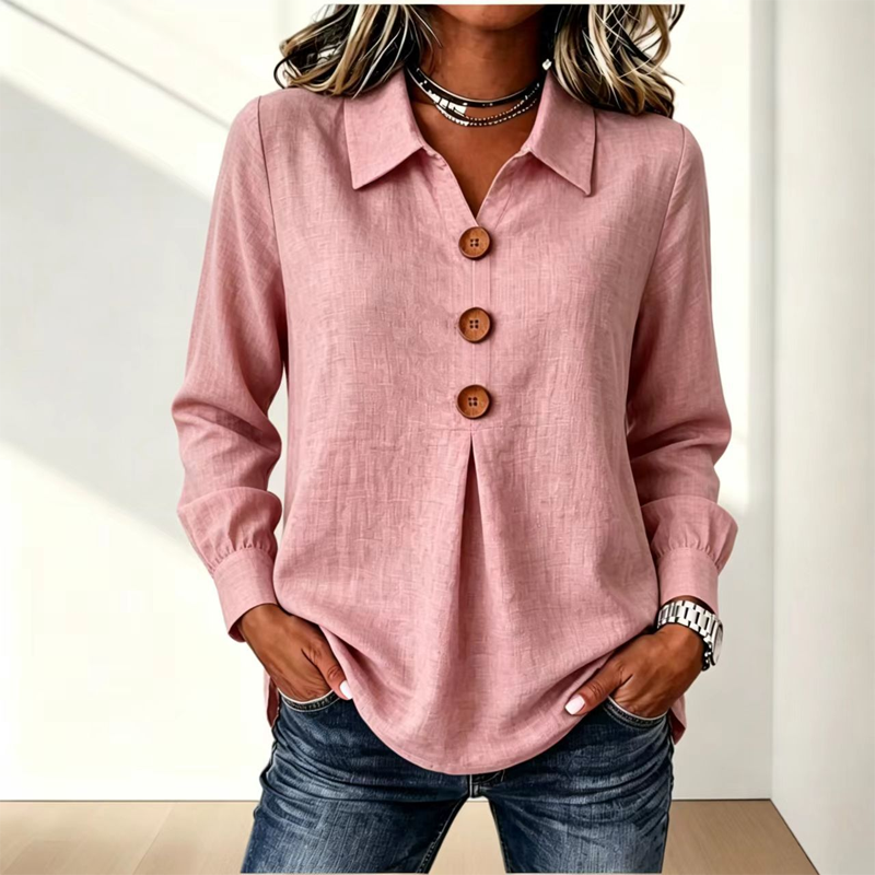 Women’s Relaxed Lapel-Collar Three-Button Long-Sleeve Blouse