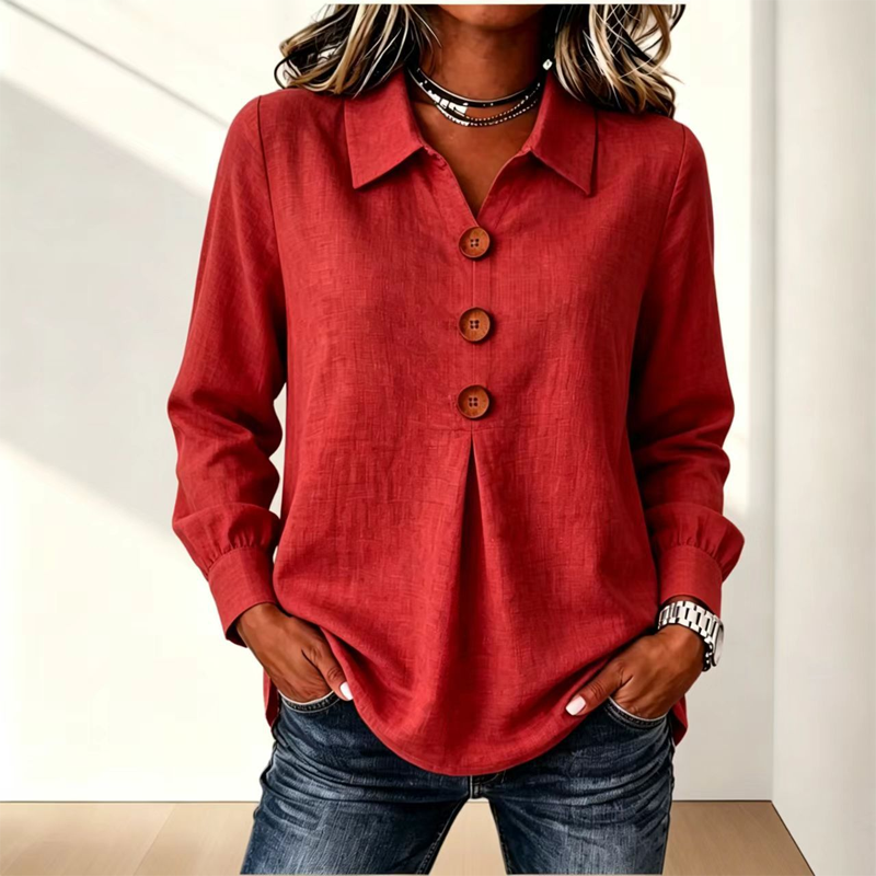 Women’s Relaxed Lapel-Collar Three-Button Long-Sleeve Blouse