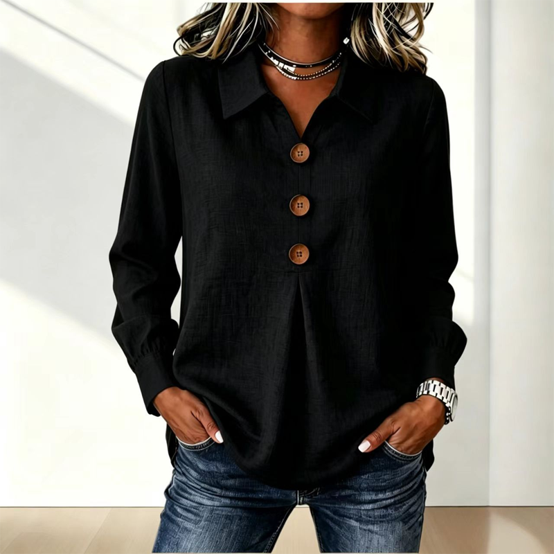 Women’s Relaxed Lapel-Collar Three-Button Long-Sleeve Blouse