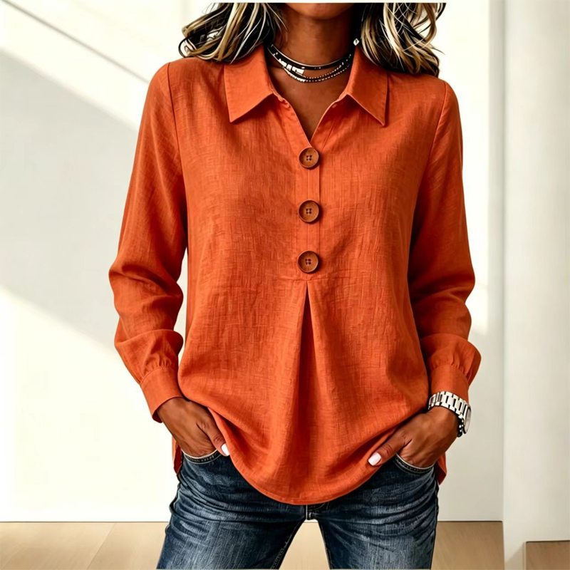 Women’s Relaxed Lapel-Collar Three-Button Long-Sleeve Blouse