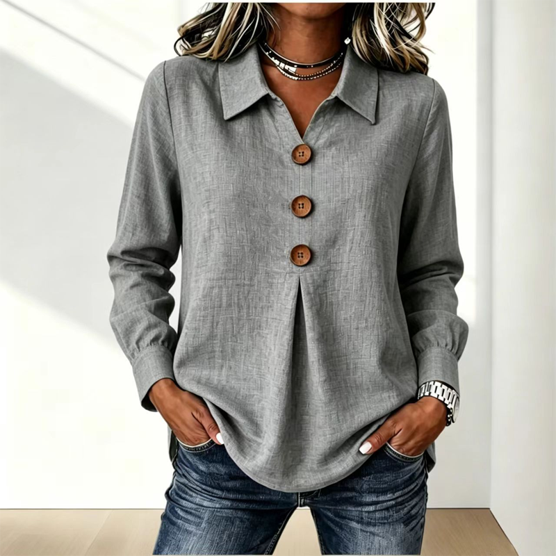 Women’s Relaxed Lapel-Collar Three-Button Long-Sleeve Blouse