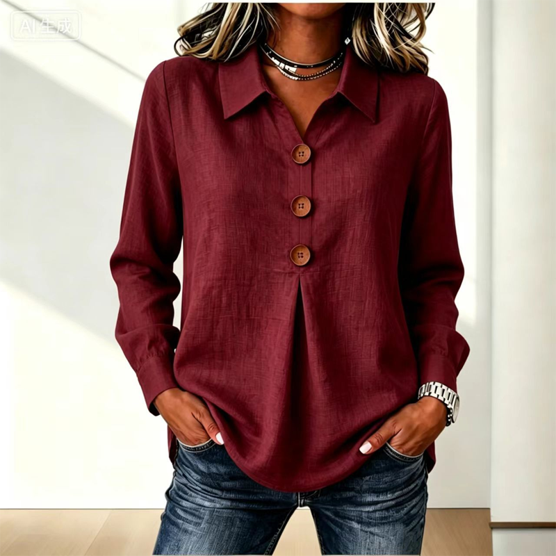 Women’s Relaxed Lapel-Collar Three-Button Long-Sleeve Blouse