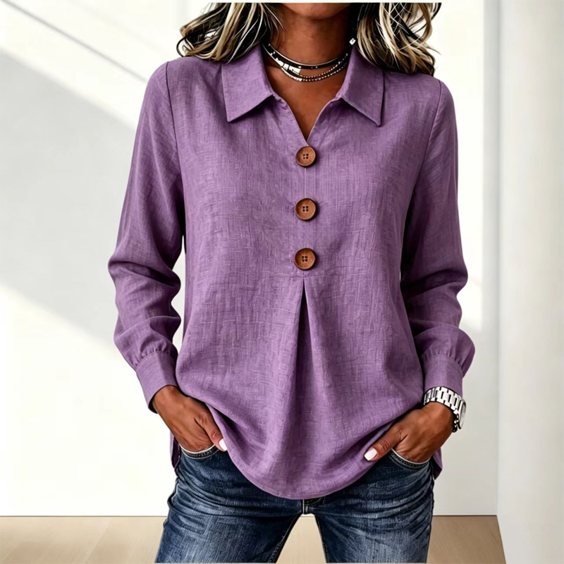 Women’s Relaxed Lapel-Collar Three-Button Long-Sleeve Blouse