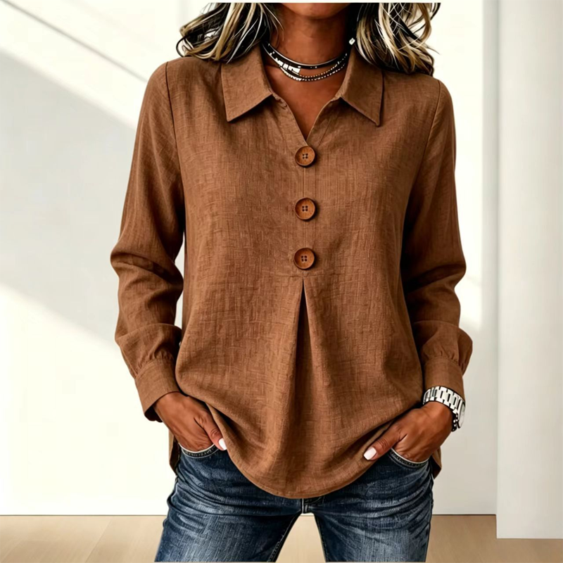 Women’s Relaxed Lapel-Collar Three-Button Long-Sleeve Blouse