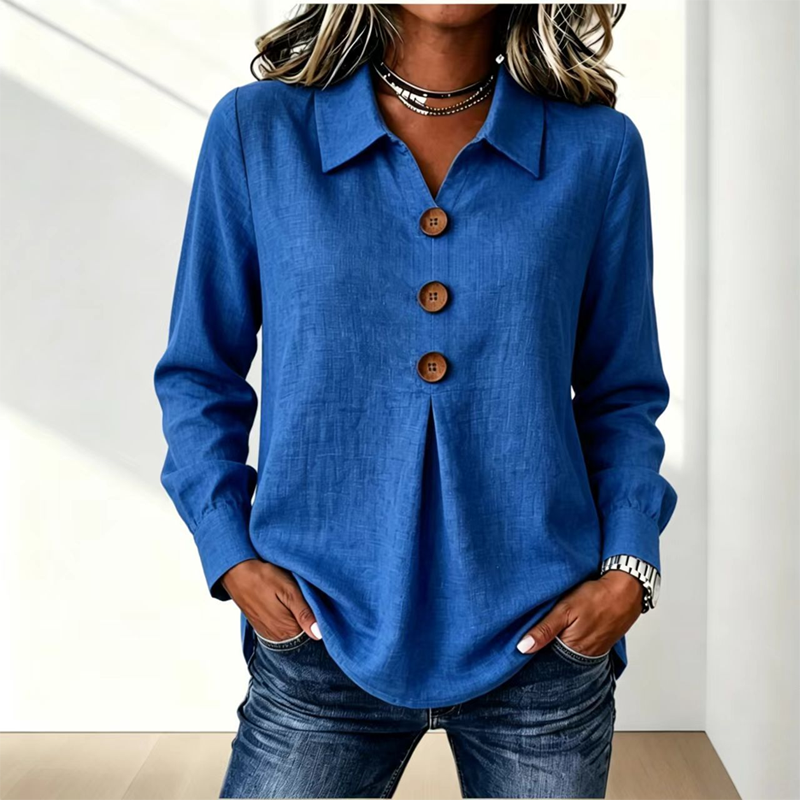 Women’s Relaxed Lapel-Collar Three-Button Long-Sleeve Blouse