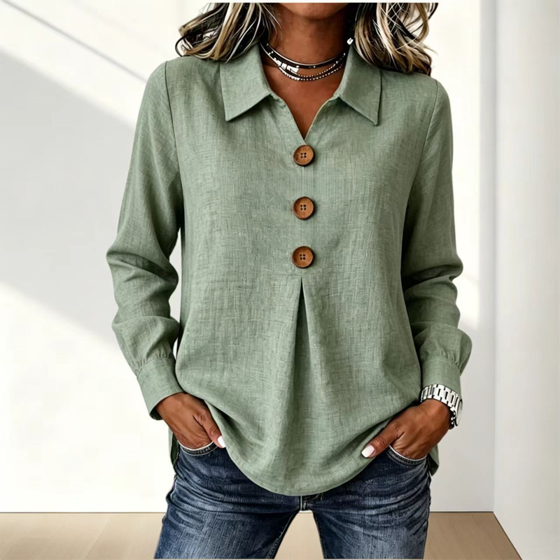 Women’s Relaxed Lapel-Collar Three-Button Long-Sleeve Blouse