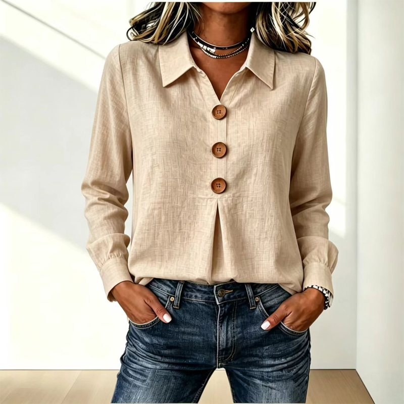 Women’s Relaxed Lapel-Collar Three-Button Long-Sleeve Blouse