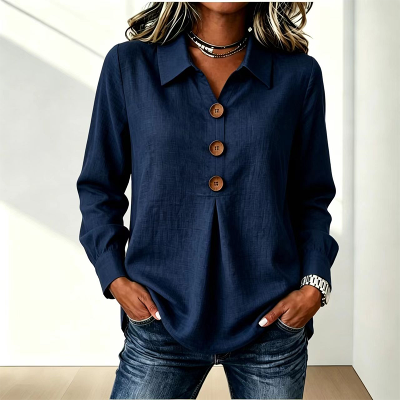 Women’s Relaxed Lapel-Collar Three-Button Long-Sleeve Blouse