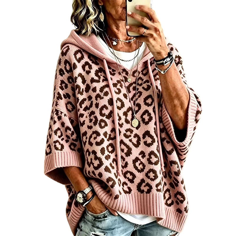 50% OFF | Oversized Leopard Hooded Knit Sweater