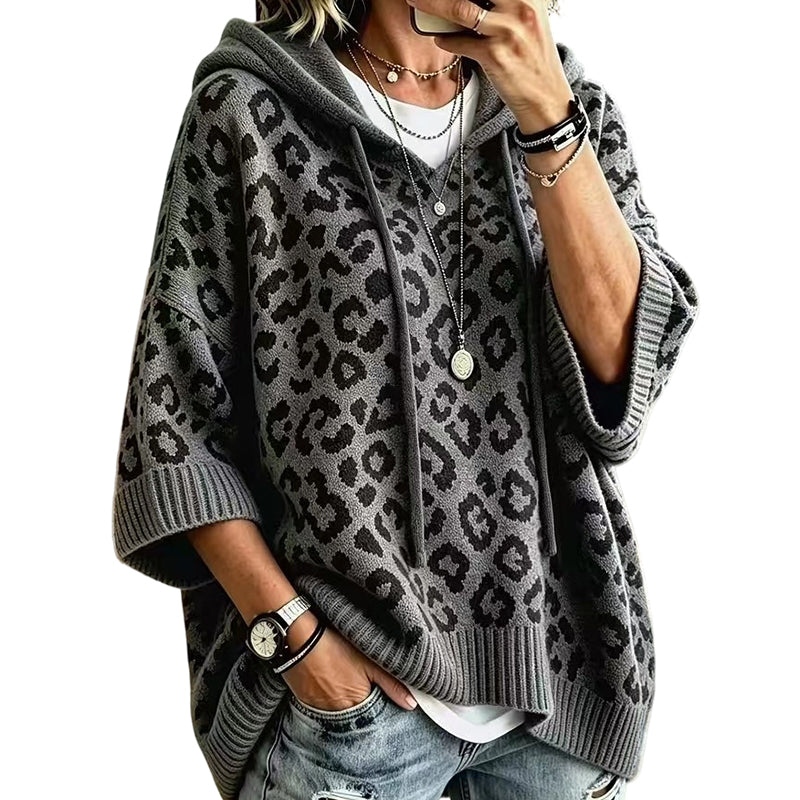 50% OFF | Oversized Leopard Hooded Knit Sweater