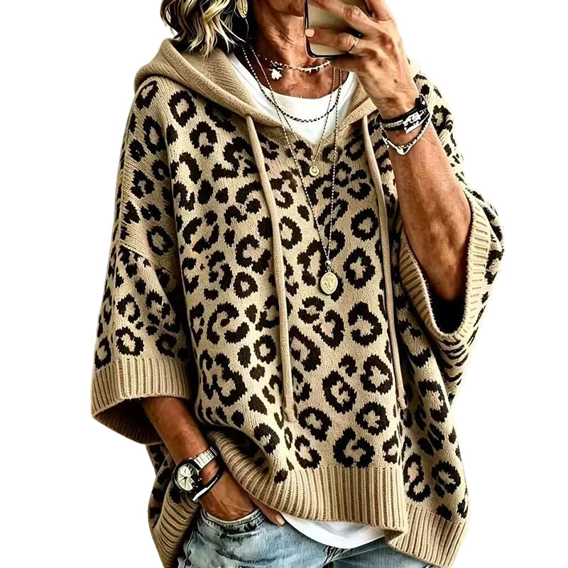 50% OFF | Oversized Leopard Hooded Knit Sweater