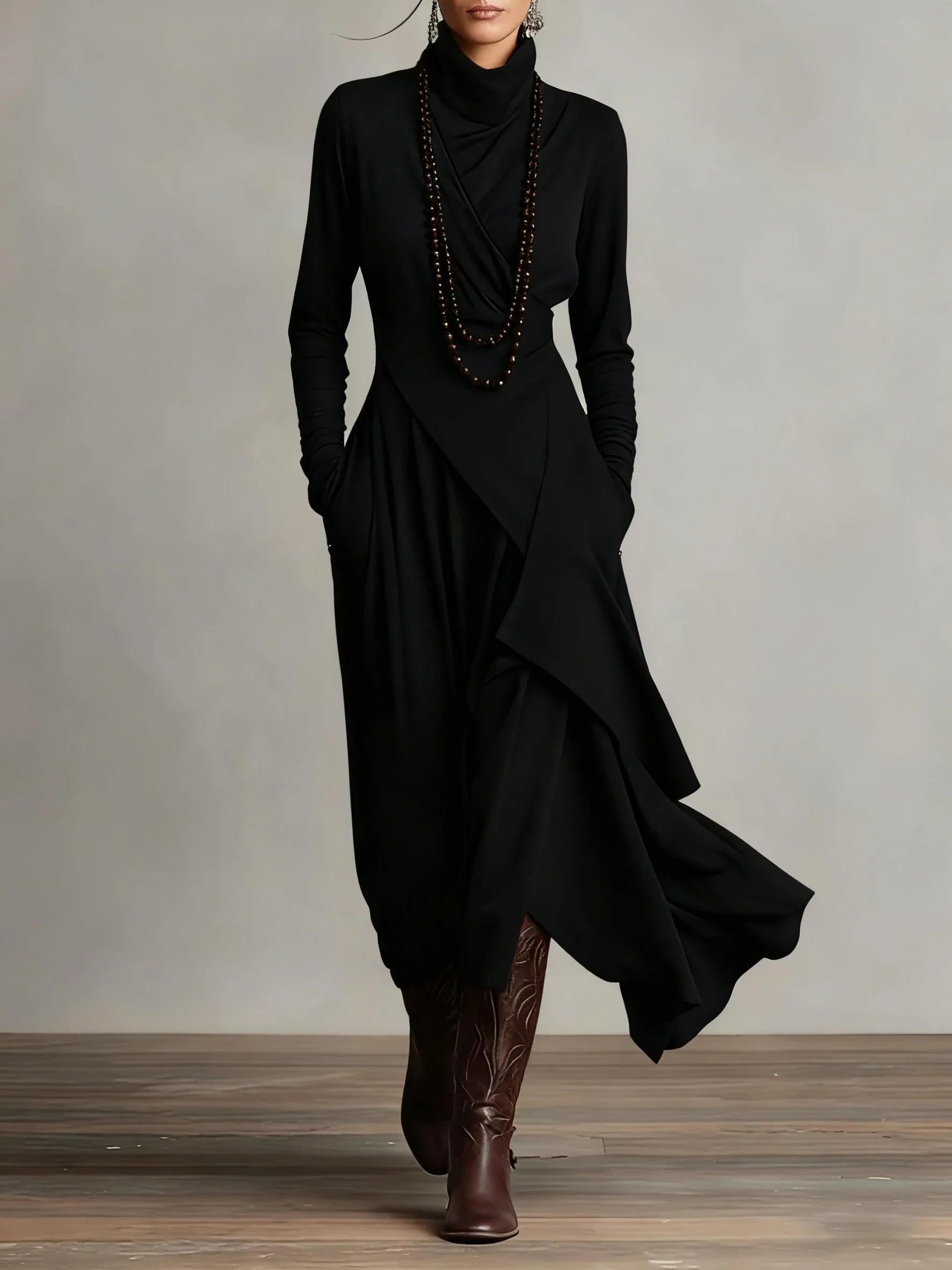 Asymmetrical Draped Turtleneck Maxi Dress