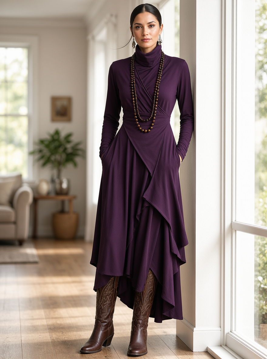 Asymmetrical Draped Turtleneck Maxi Dress
