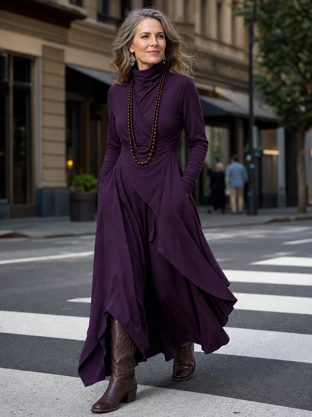 Asymmetrical Draped Turtleneck Maxi Dress