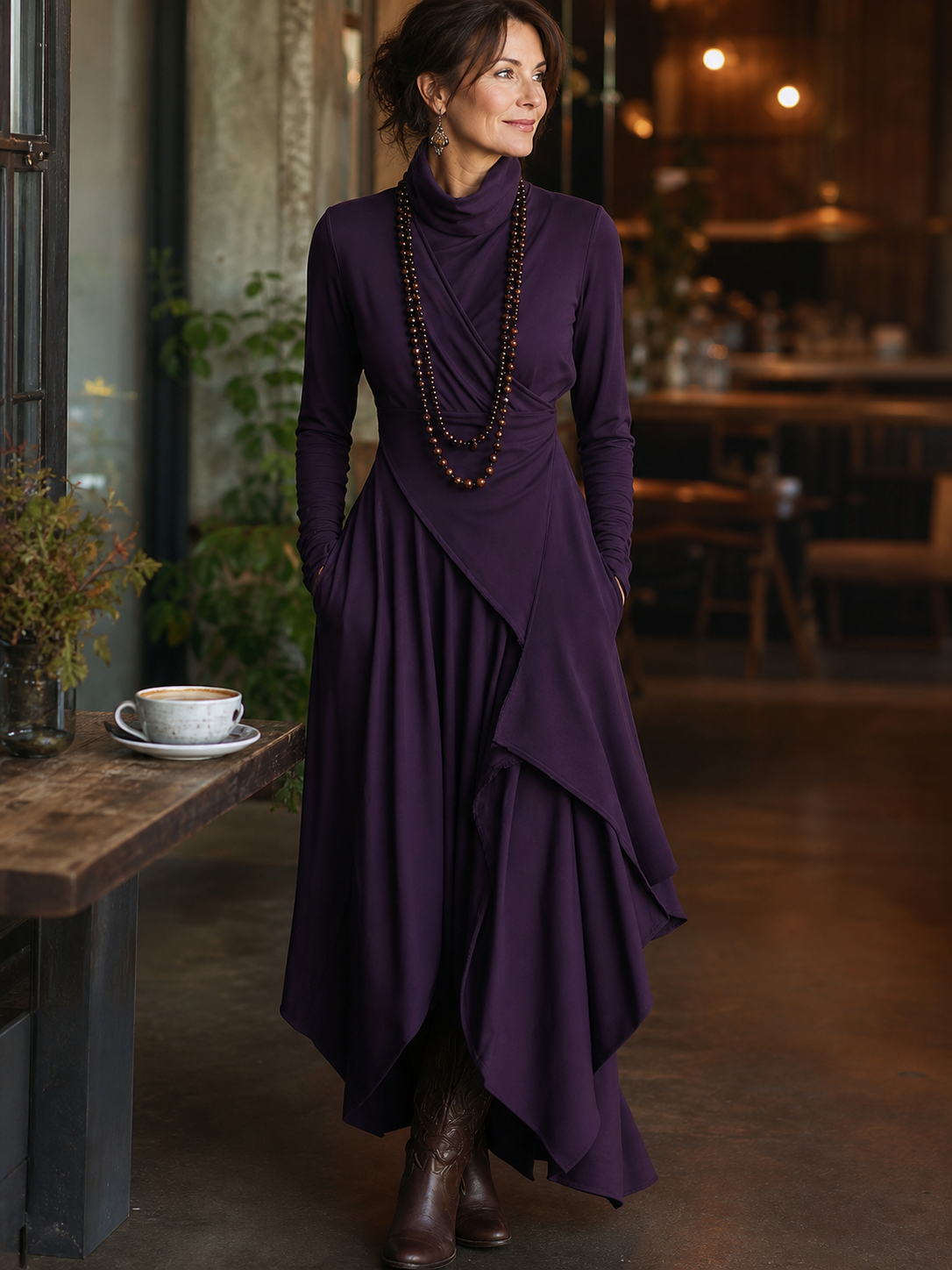 Asymmetrical Draped Turtleneck Maxi Dress