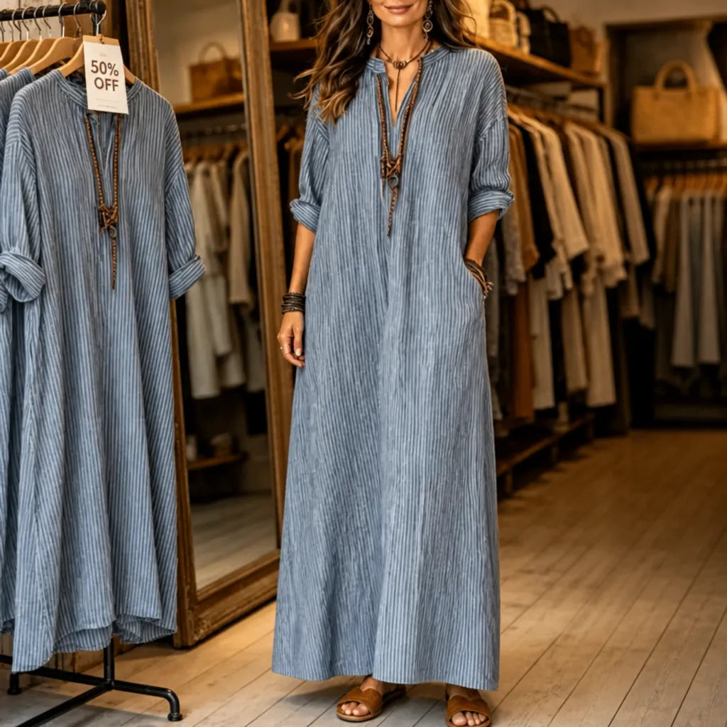 50% OFF | Vestara Boho Striped V-Neck Maxi Dress with Pockets